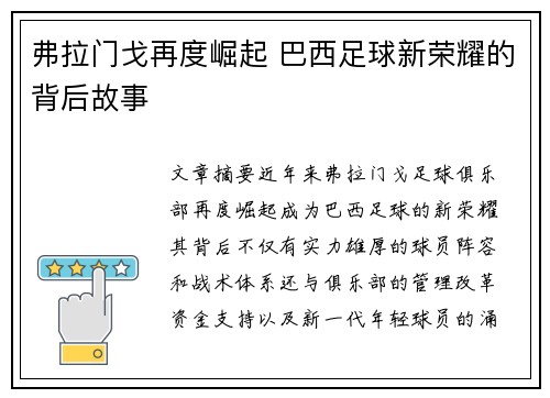 弗拉门戈再度崛起 巴西足球新荣耀的背后故事